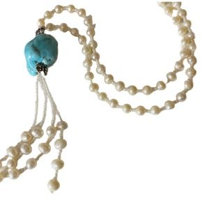 Turquoise & Pearl Like Tassel Necklace